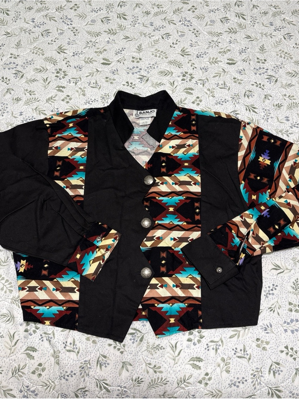 Banjo Southwestern Print Button Jacket - Black & Turquoise Large